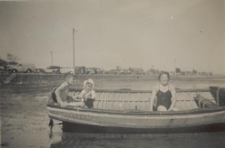Digital Photograph - Boy & Two Girls, in  Wooden Boat, Altona Beach, 1950