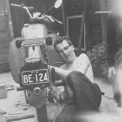 Digital Photograph - Boy Cleaning his First Motorbike, Backyard, Flemington, 1956