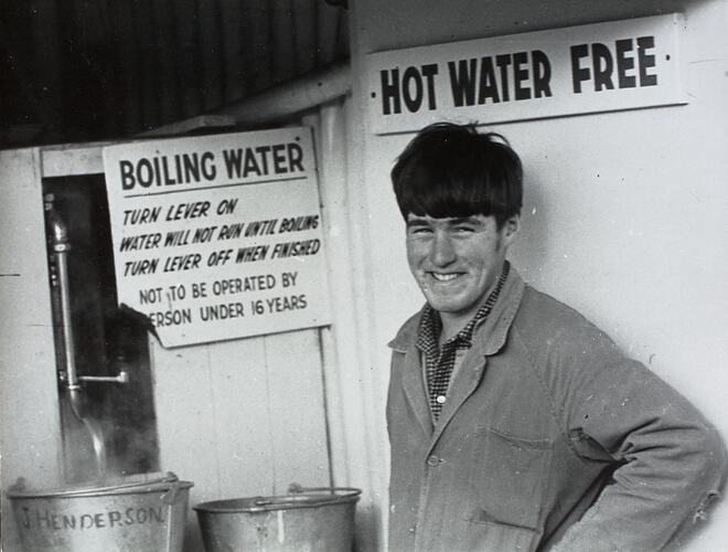 Digital Photograph - Hot Water Stall Holder at Royal Melbourne Show, Ascot Vale, 1972