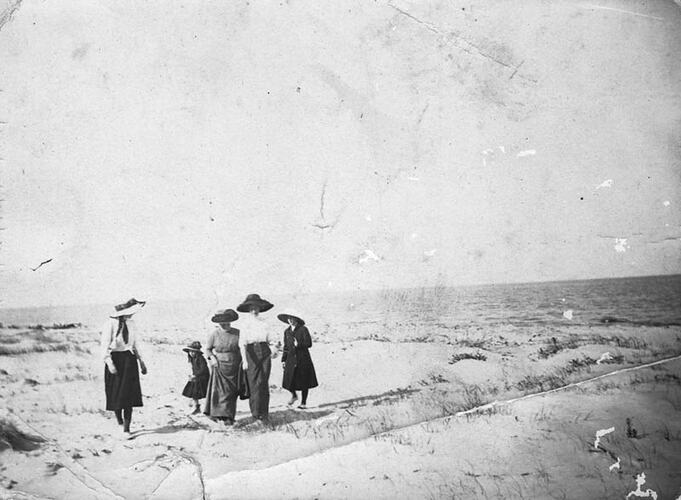 Digital Photograph - Two Women & Three Girls in Sun Hats Walking on Ninety Mile Beach, circa 1910
