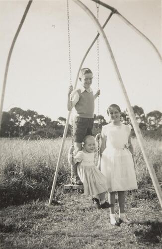 Digital Photograph - Two Girls & Boy on Homemade Swing, Springvale South, 1956-1957