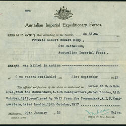 Letter - Australian Imperial Expeditionary Forces, Killed in Action, 29 Jan 1918