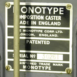 Manufacturer's Plate of Composition Caster - Typesetting Monotype