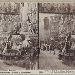 Duke of York Celebrations, Melbourne. The Druids Float. The Friendly Societies Procession in Collins Street, Melbourne, May 1901.
