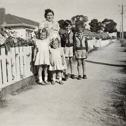Digital Photograph - Mother, Two Girls & Two Boys, Dressed for Sunday Walk, Ringwood East, 1956