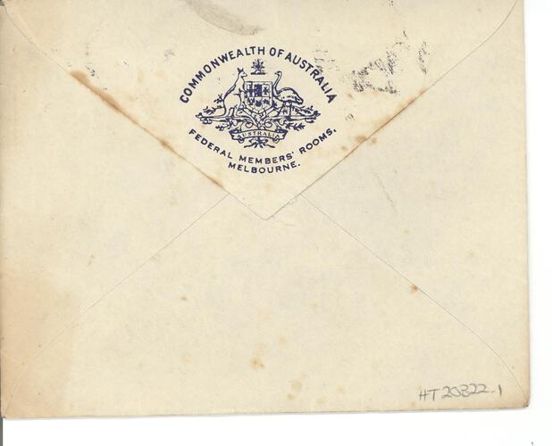 Envelope - Letter, Federal Members' Rooms to Robert Salter, 22 Dec, 1938
