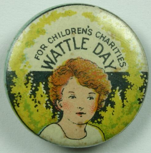 Badge with text and illustration of a child's head surrounded by wattle