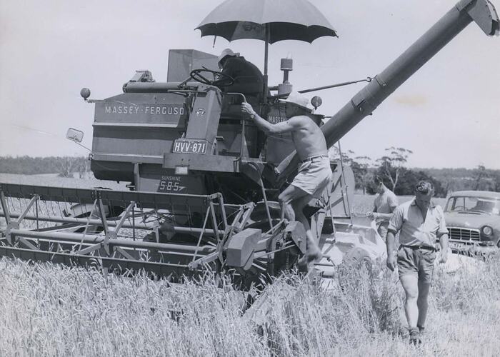 Men standing on and around harvester in a field.