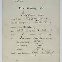 Testimonial - Issued to J Stegelman, Deutsche Levante-Linie, 1906