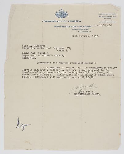 Letter - Department of Works and Housing, 24/01/1952