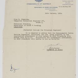 Letter - Pay Increase, W. E. Potts Director of Works to Katarina Pimenowa, 24 Jan 1952