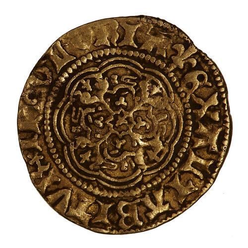 Coin, round, at centre a floriated cross, in each angle, a Lion passant; text around.
