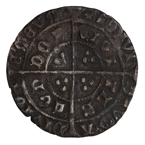 Coin, round, long cross pattee dividing legend; text around in two concentric circles.