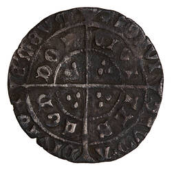 Coin, round, long cross pattee dividing legend; text around in two concentric circles.