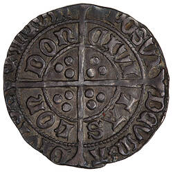 Coin, round, long cross pattee dividing legend; text around in two concentric circles.