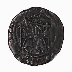 Coin, round, King enthroned holding sceptre and globe; legend is mostly off the flan but GRA clear.