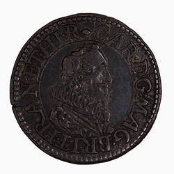 Pattern Coin, round, Within a line circle, bare headed bust of the King facing right wearing ruff; text around