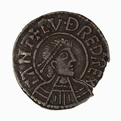 Coin, round, a diademed bust of man facing right; text around, + CVDRED REX CANT.