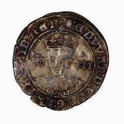 Coin, round, Crowned facing bust of King dividing a rose and the denomination III, wearing an ermine robe.