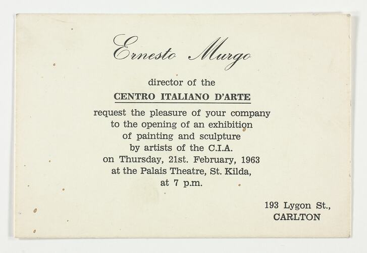 Invitation - Centro Italiano D'Arte Exhibition Opening, St Kilda, 1963