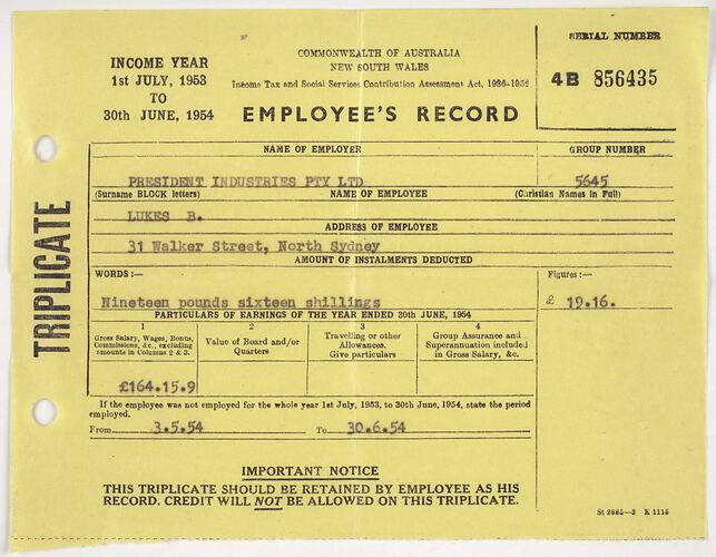 Group Certificate - Bretislav Lukes, 1953-54 [President Industries Pty Ltd, , Sydney]
