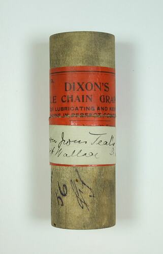Cylinder - Dixons 'Cycle Chain Graphite' Packaging Used to Store Down from Chestnut Teal Duck, Collected by A.J. Campbell, 1899