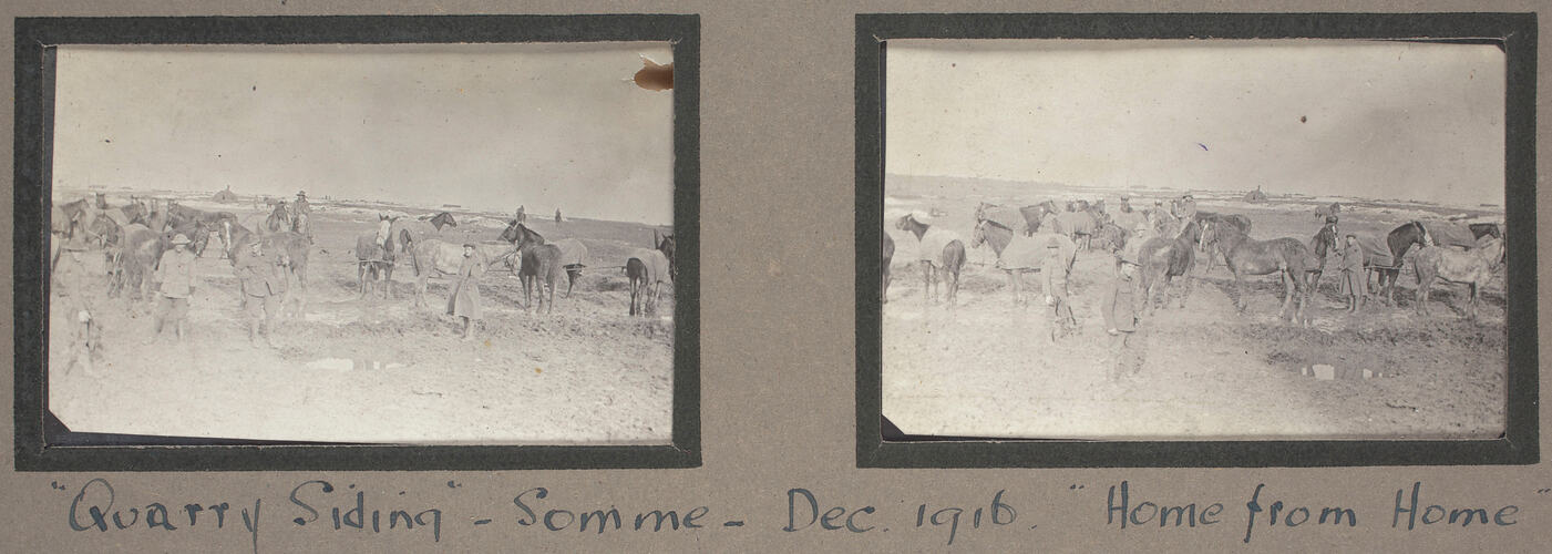 Two photographs of a group of servicemen with horses.