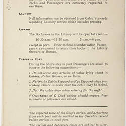 Leaflet - 'Information for the Guidance of Passengers', SS Strathmore, P&O Lines, 1957