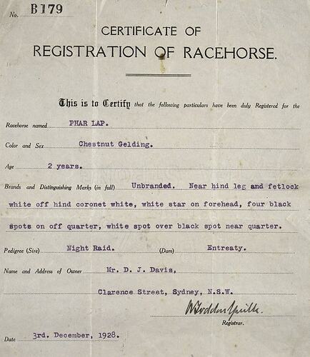 Certificate of registration of racehorse - Phar Lap, 03 December 1928