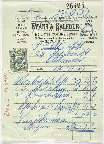 Receipt - Evans & Balfour, Melbourne, 1959