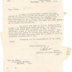 Letter - Australian Imperial Force to Annie Kemp, Return of Personal Effects, 7 Jun 1918