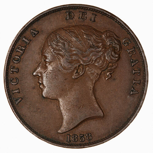 Coin - Penny, Queen Victoria, Great Britain, 1858 (Obverse)