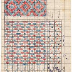 Sheet with red and blue square gridded pattern. Crosses marked along right edge and along bottom.