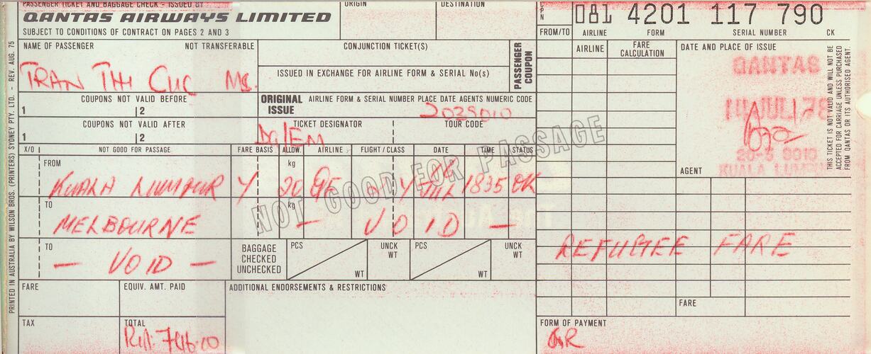 White rectangular paper ticket with black printing and red handwriting.