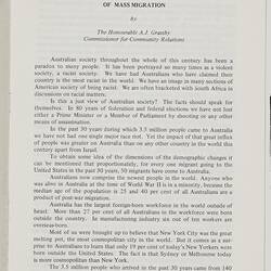 Booklet - A. J. Grassby, 'Challenges Facing Australia After A Generation of Mass Migration'