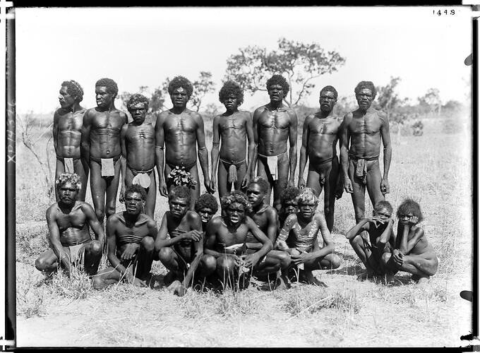 A group of Yanyuwa and Marra men who share a camp, Macarthur River, Northern Territory, Australia, November-December 1901.