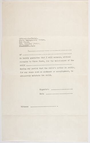 Form - Financial Support Guarantee, Commonwealth of Australia, circa 1950s
