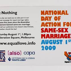 Reverse side of Same -Sex marriage action day postcard , Melbourne 2009