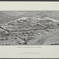 Page of four-folded single broadsheet. Black printed aerial shot of landscape with factory buildings.