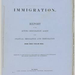 Parliamentary Paper - Immigration, Parliament of Victoria, Colony of Victoria, 1856;