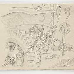 Open off-white book page, with drawing of wheel area of motor vehicle.
