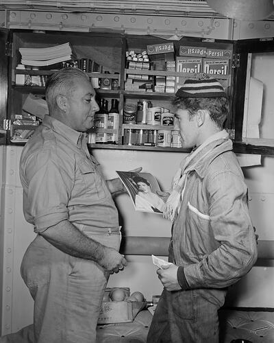 Negative - Two Men in Retail Store at Victoria Dock, Port Melbourne, Victoria, 1958