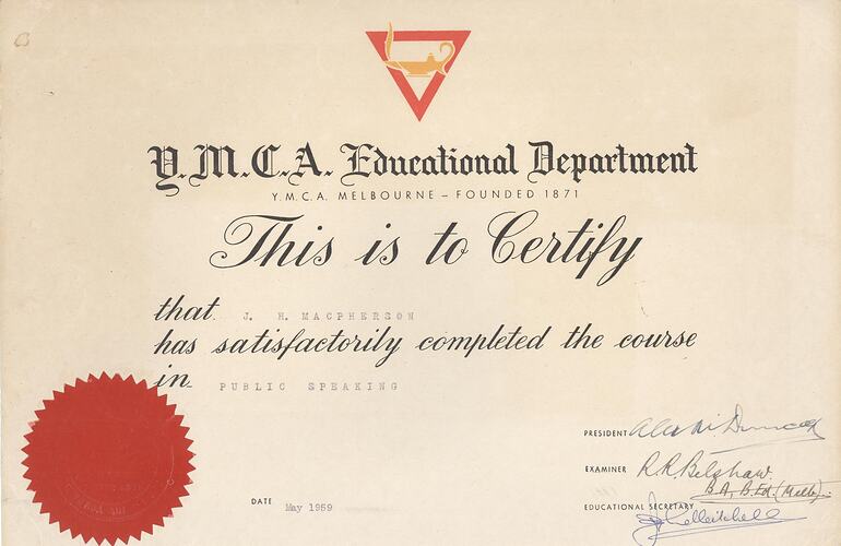 Certificate - YMCA Educational Department, Public Speaking, Hope Macpherson, Victoria, May 1959