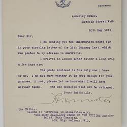 Letter of Reply & Schedule - Record of Reference for Order of the British Empire, H. V. McKay, 1919