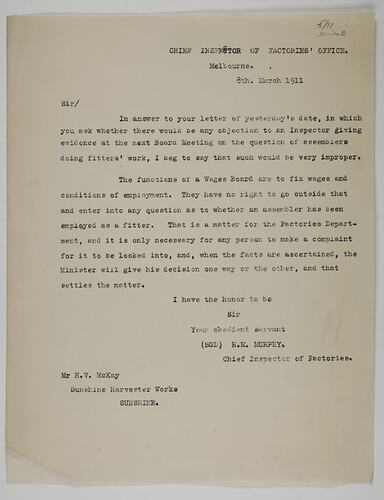 Letter - H. M. Murphy, to H. V. McKay, 8 Mar 1911
