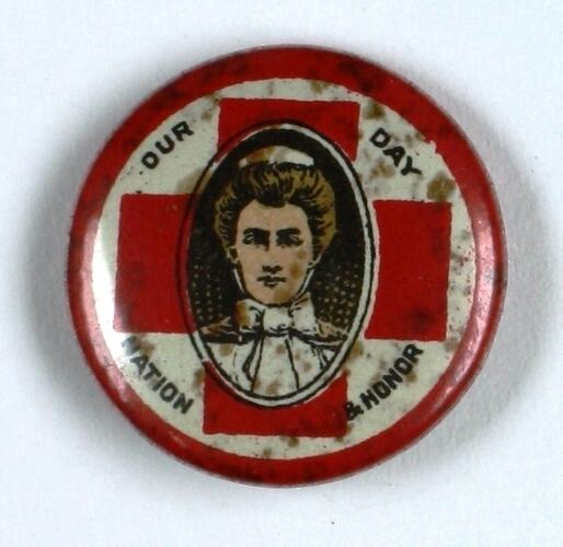 White badge with red cross, head of nurse.