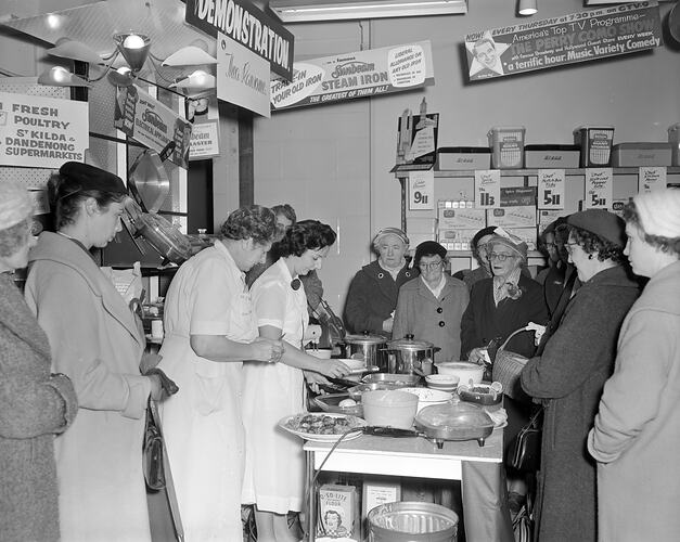 Sunbeam Corp Ltd, Cooking Demonstration with Thea Ransome, McEwan Store, Melbourne, Victoria, Jul 1958