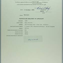 Certificate - 'Certificate of Australian Citizenship', Mary Harriet Ward, Malvern, 21 Jul 1980