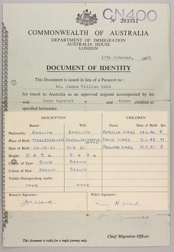 Document of Identity - Mr James William Ward, 17 Oct 1961