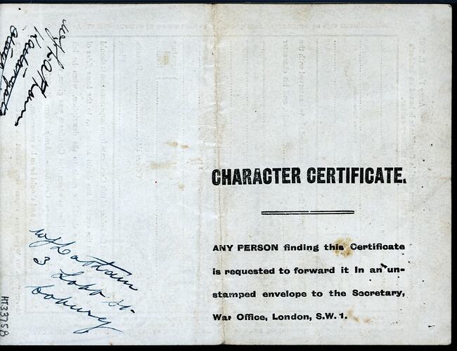 Certificate - Character, Private William James Latham, British Army, 13 Aug 1920